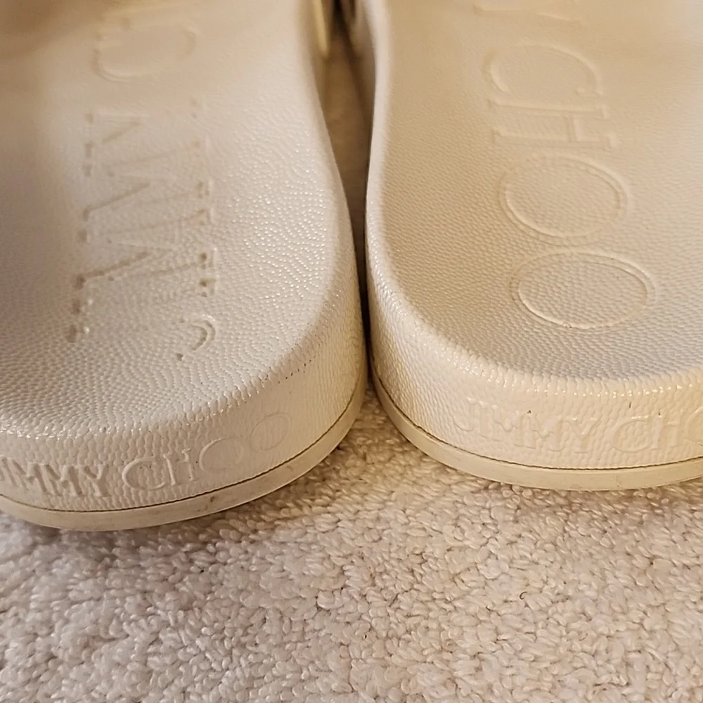 Jimmy Choo Womens White Slide Sandals With Clear Gold JCs Size 9 Preowned - Picture 9 of 12